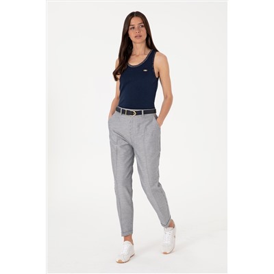 Kadın Lacivert Çizgili Keten Karışımlı Carrot Fit Kanvas Pantolon