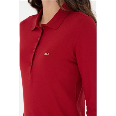 Kadın Kırmızı Basic Polo Yaka Sweatshirt