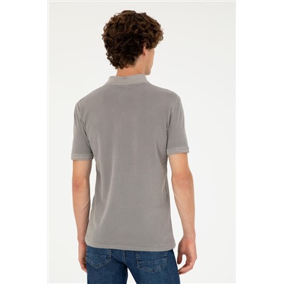 Erkek Slim Fit Polo Yaka Koyu Gri Basic Tişört