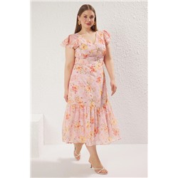 Pembe Çiçekli Midi Şifon Dokuma Büyük Beden Elbise TBBSS25AH00132