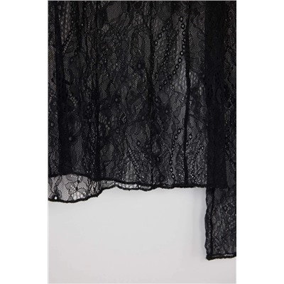 Siyah Regular Fit Kayık Yaka Dantel Esnek Örme Büyük Beden Bluz TBBAW26AF00031