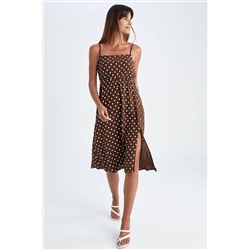 Defacto Slim Fit Desenli İp Askılı Beli Büzgülü Yırtmaçlı Midi Elbise U4663AZ22HS