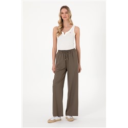 Kadın Vizon Çizgili Loose Relax Fit Kanvas Pantolon