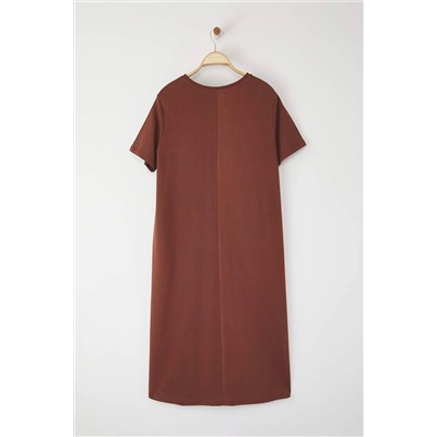 Kahverengi Midi %100 Pamuk Örme T-shirt Elbise TBBSS24AH00067