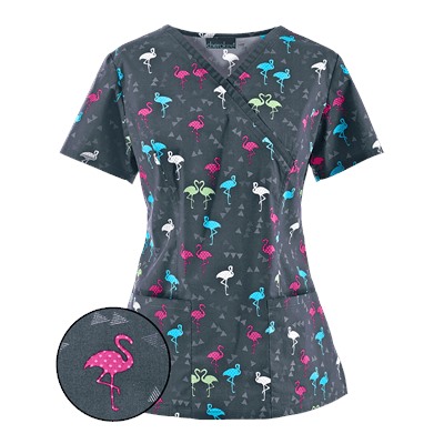 Cherokee Scrubs Ready To Flamingo Print Top