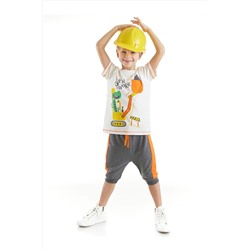 Denokids Dino At Work Erkek Çocuk Beyaz T-shirt Gri Kapri Şort Takım CFF-23Y1-053