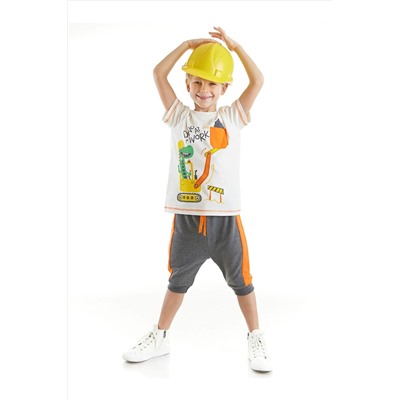 Denokids Dino At Work Erkek Çocuk Beyaz T-shirt Gri Kapri Şort Takım CFF-23Y1-053