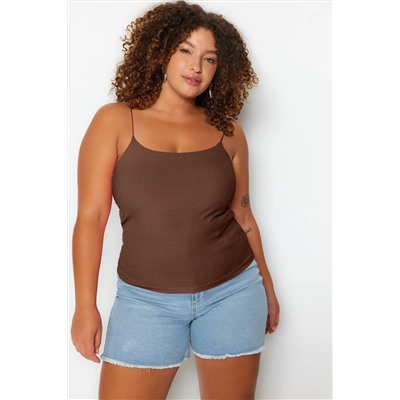 Kahverengi Spagetti Askılı Crop Fitilli Örme Büyük Beden Bluz TBBSS23AF00013