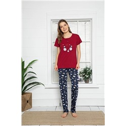 Meba Kadın %100 Pamuk Kumaş Kısa Kollu Kuzu Desenli Kırmızı Pijama Takımı 3113