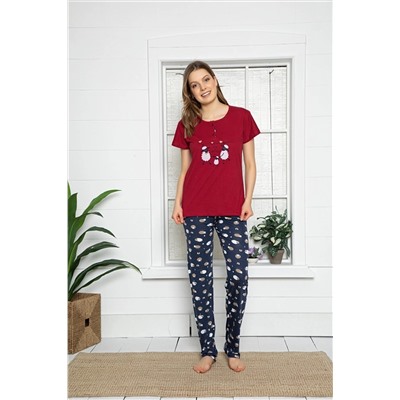 Meba Kadın %100 Pamuk Kumaş Kısa Kollu Kuzu Desenli Kırmızı Pijama Takımı 3113