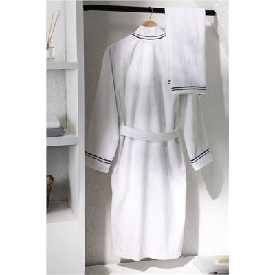 Rouen %100 Pamuk Unisex Bornoz - Beyaz/Lacivert - Lüks Koleksiyon