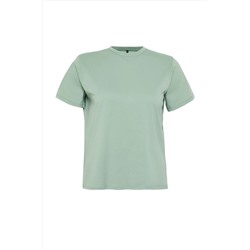 Mint Yeşili Boyfriend Fit Yanda Çıt Çıt Detaylı %100 Pamuk Örme Büyük Beden T-shirt TBBSS24BF00000