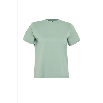 Mint Yeşili Boyfriend Fit Yanda Çıt Çıt Detaylı %100 Pamuk Örme Büyük Beden T-shirt TBBSS24BF00000