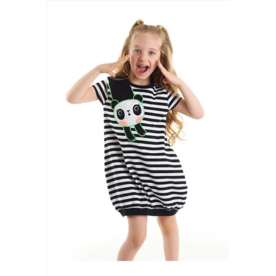 Denokids Çizgili Panda Kız Çocuk Siyah Beyaz Elbise CFF-22Y1-069