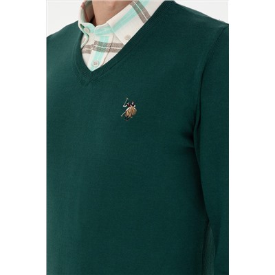 Erkek Slim Fit V Yaka Yeşil Basic Kazak