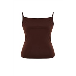 Kahverengi Degaje Yaka Askılı Örme Bluz TBBSS24AF00006