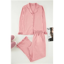 Trendyol Curve Pembe Gömlek Yaka Volan Detaylı Örme Pijama Takımı TBBAW25AI00056