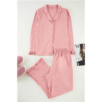 Trendyol Curve Pembe Gömlek Yaka Volan Detaylı Örme Pijama Takımı TBBAW25AI00056