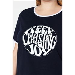 Lacivert Slogan Baskılı Crop Boy %100 Pamuk Örme Büyük Beden T-shirt TBBSS23BF00011