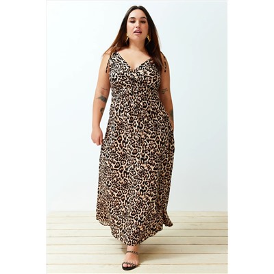 Camel Maxi/Uzun Boy Yırtmaçlı Yazlık Leopar Desenli Dokuma Elbise TBBSS24AH00136
