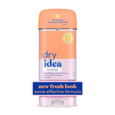 Dry Idea Gel Deodorant & Antiperspirant | 2X Longer Sweat Protection | 72-Hour Odor Protection | Unscented & Hypoallergenic for Sensitive Skin, 3 oz.