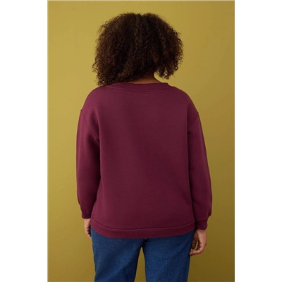 Bordo V Yaka İçi Polarlı Büyük Beden Sweatshirt TBBAW26AO00012