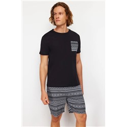 TRENDYOL MAN Siyah Regular Fit Etnik Desenli Örme Şortlu Pijama Takımı TMNSS24PT00028