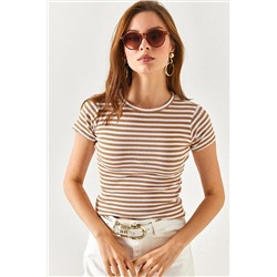 Olalook Kadın Camel Çizgili Likralı Crop Bluz BLZ-19002351