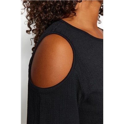 Siyah A-line Cut-Out Detaylı Yazlık Örme Büyük Beden Elbise TBBSS22EL2986