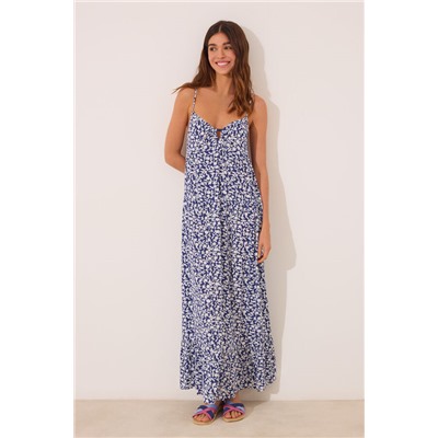 Vestido largo tirantes print azul flores