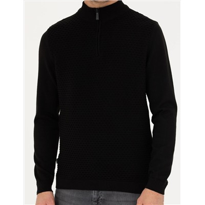 Siyah Slim Fit Fermuarlı Dik Yaka Triko Kazak