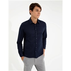 Lacivert Slim Fit Armürlü Klasik Gömlek