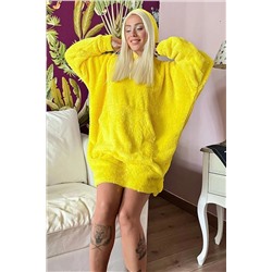 Pijamaevi Sarı Kapşonlu Tam Peluş Oversize Sweat Panço Pijama 2392