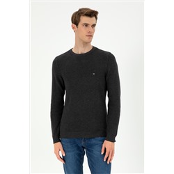 Erkek Slim Fit Bisiklet Yaka Antrasit Melanj Basic Kazak
