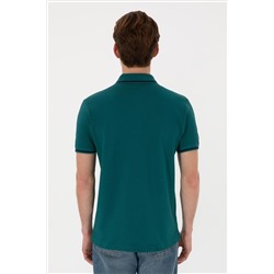 Erkek Slim Fit Polo Yaka Koyu Yeşil Basic Tişört