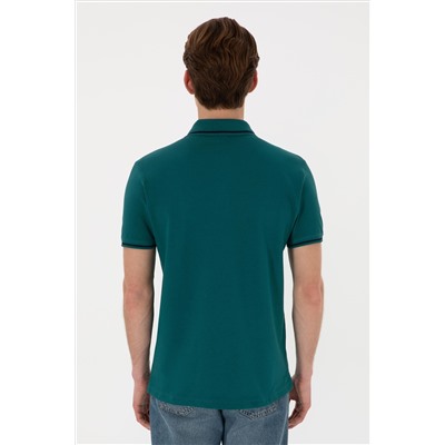 Erkek Slim Fit Polo Yaka Koyu Yeşil Basic Tişört