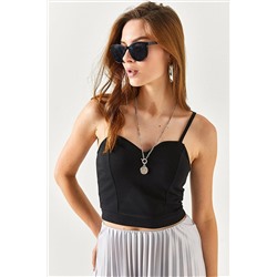 Olalook Kadın Siyah Askılı V Detaylı Örme Bluz BLZ-19002344