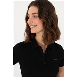 Kadın Siyah Basic Polo Yaka Tişört