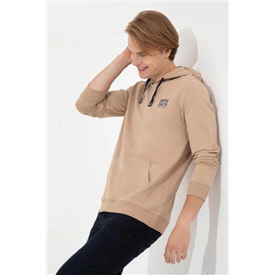 Erkek Camel Kapüşonlu Basic Sweatshirt