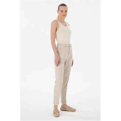 Kadın Açık Haki Çizgili Keten Karışımlı Carrot Fit Kanvas Pantolon