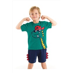 Denokids Gözlüklü Dinozor Erkek Çocuk Yeşil T-shirt Lacivert Şort Takım CFF-22Y2-045