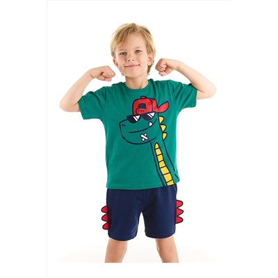 Denokids Gözlüklü Dinozor Erkek Çocuk Yeşil T-shirt Lacivert Şort Takım CFF-22Y2-045