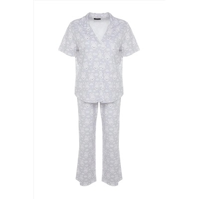 Gri Baskılı Örme Düğmeli Pijama Takımı TBBSS22PT0710