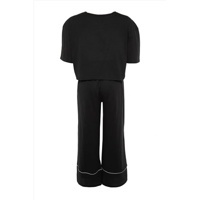 Siyah Baskılı Wide Leg Crop Boy Örme Pijama Takımı TBBAW23AI00040