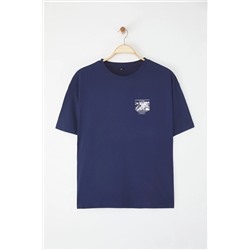 Lacivert Oversize Fit %100 Pamuk Ön ve Arka Baskılı Örme Büyük Beden T-Shirt TBBSS25BF00002