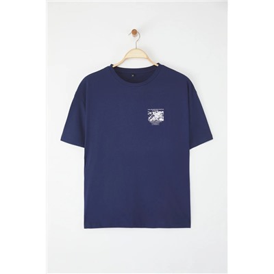 Lacivert Oversize Fit %100 Pamuk Ön ve Arka Baskılı Örme Büyük Beden T-Shirt TBBSS25BF00002
