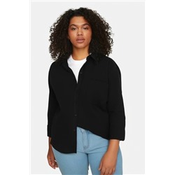Siyah Loose Fit Pamuklu Uzun Kol Büyük Beden Dokuma Gömlek TBBSS22GO0323
