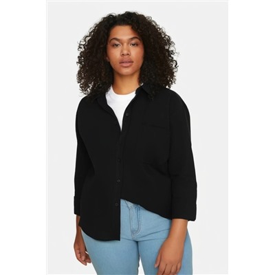 Siyah Loose Fit Pamuklu Uzun Kol Büyük Beden Dokuma Gömlek TBBSS22GO0323
