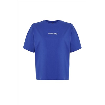 Saks Slogan Baskılı Oversize %100 Pamuk Örme Büyük Beden T-shirt TBBSS24BF00018