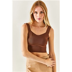 Olalook, Kadın Acı Kahve Askılı Eteği Detaylı Triko Bluz BLZ-19001363